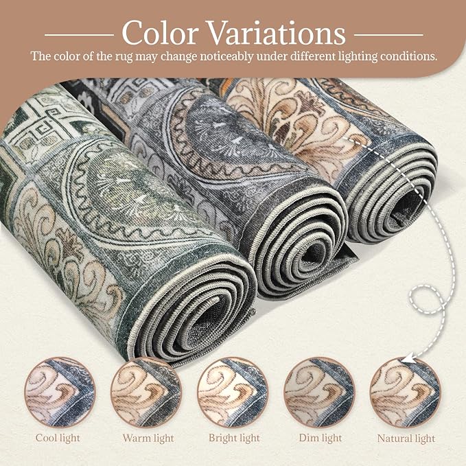 Washable Entryway Rug 3'x5 Non-Slip Backing Vintage Indoor Rug Low Pile Lighrweight Carpet for High-Traffic Indoor Entrance & Kitchen Farmhouse Decor