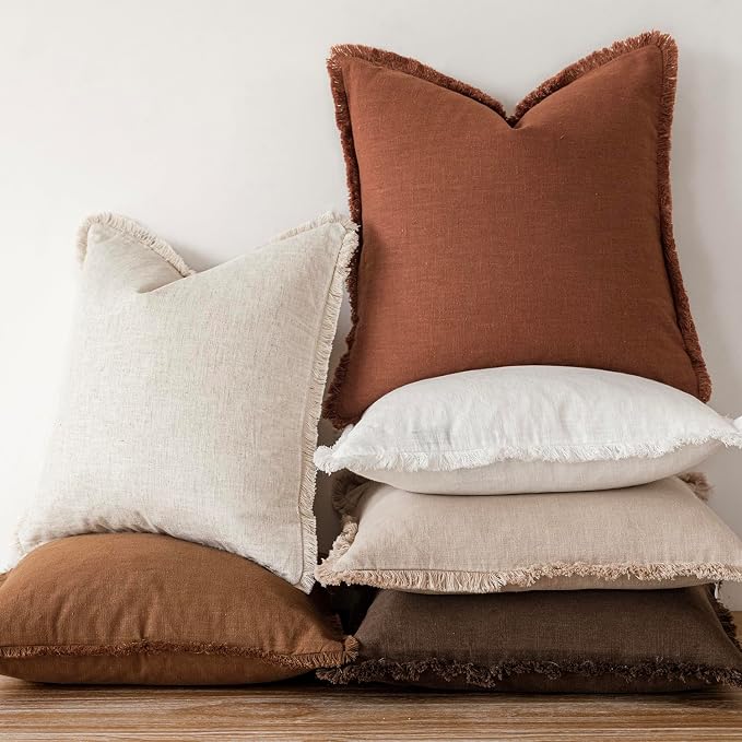 Foindtower Set of 2 Decorative Linen Fringe Throw Pillow Covers Cozy Farmhouse Cushion Cover with Tassels Lumbar Accent Pillowcase for Couch Bed Living Room Home Bedroom Decor, 12×24 Inch,Orange Brown