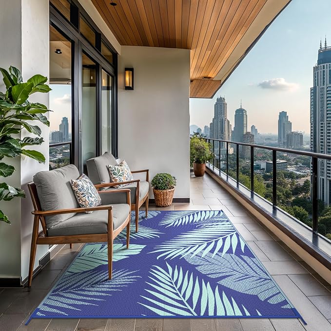 GENIMO Outdoor Rug, Waterproof Plastic Rugs for Patio, 5'x8' Navy Green | Outside Larger Leaf Carpet Mat for Porch Decor, Deck, Balcony, Camping, RV, Backyard, Picnic, Beach, Reversible, Foldable
