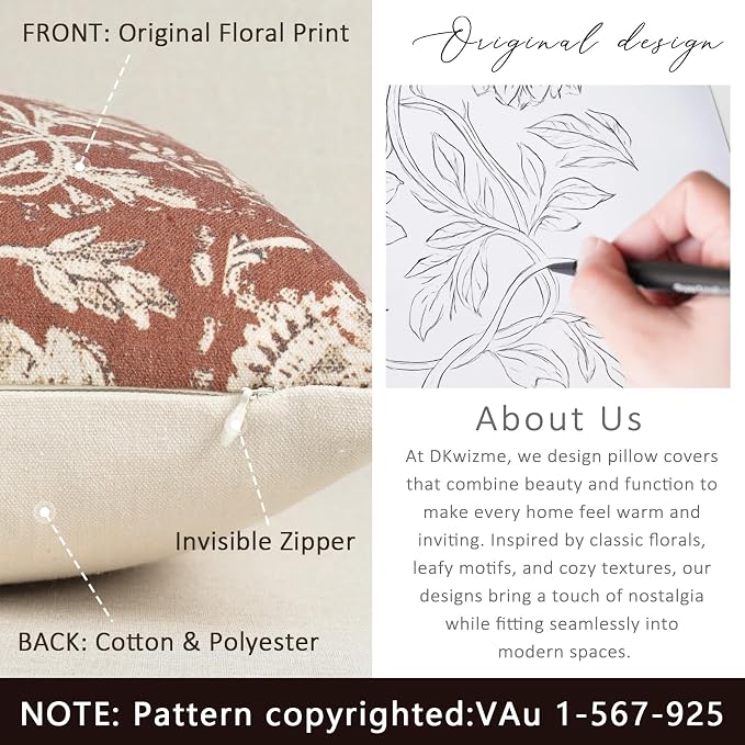 Fall Pillow Covers 18x18 Set of 2 Printed Floral Throw Pillows Farmhouse Pillow Cases Vintage Decorative Cushion Covers Fall Decorations for Couch Sofa Chair Bed Living Room, Rust