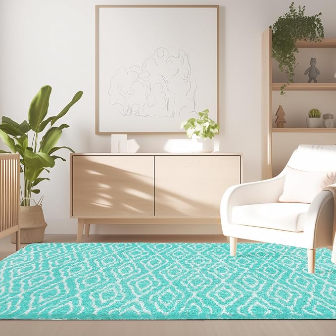 Fluffy Rug for Bedroom, Soft 6x9 Green Shag Plush Geometric Area Rugs | Modern Green and White Rug, Non Slip Carpet for Living Room, Aesthetic Home Decor, Fuzzy Floor Mat for Nursery Teen Dorm