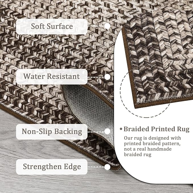 5x8 Oval Living Room Area Rug Washable Modern Border Bedroom Bedside Area Rugs Non Slip Low Pile Dining Room Oval Throw Carpet Contemporary Rugs for Living Room Kitchen Nursery, Mocha