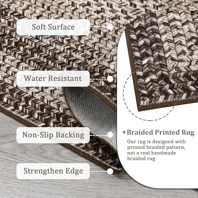 RUGSREAL Entryway Rug 2x3 Small Bedside Throw Mat with Rubber Backing Machine Washable Living Room Rug Non Slip Bathroom Mat Stain Resistant Braided Print Carpet for Dining Room Kitchen Hallway, Mocha