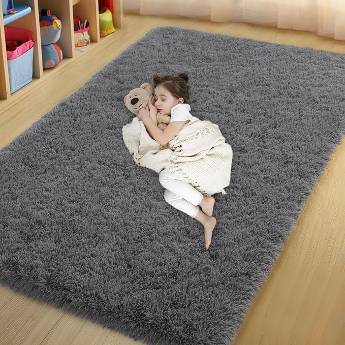qulint 4x6 Bedroom Area Rug, Dark Grey Fluffy Rug for Living Room Boy Room | Fuzzy Shag Small Carpet, Plush Shaggy Modern Alfombras for Nursery Dorm Kid Room Classroom Home Decor