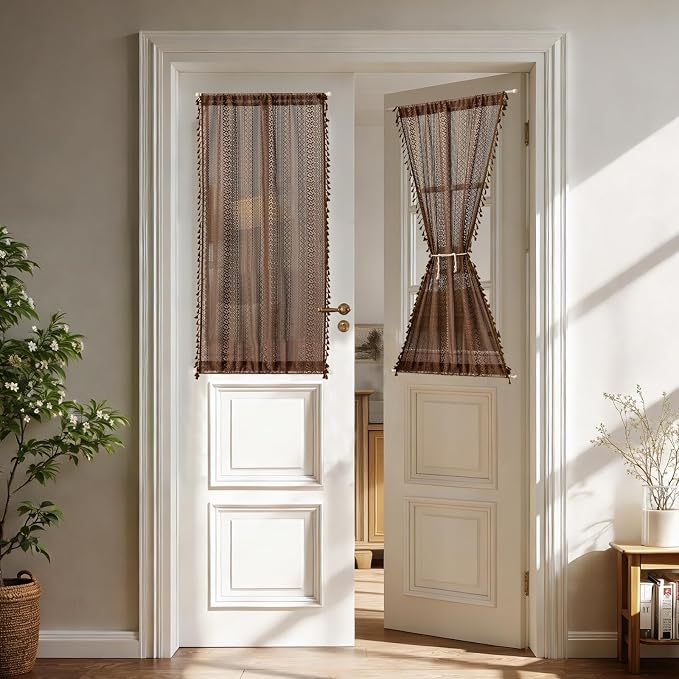 Sutuo Home Caramel Door Window Curtains for Drapery Glass & Sidelights, Boho French Country Style Tassels Vintage Drapes for Front Door Patio Decor, Rod Pocket 2 Panels 25" W x 40" L Dark Coffee
