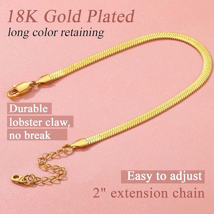 FindChic Elegant Herringbone Snake Chain Anklets/Bracelets 3MM/5MM Width Stainless Steel/18K Gold/Rose Gold Plated/Black 4 Color Options, 8.3'' 8.5'' 10.5'' Length, with Gift Box