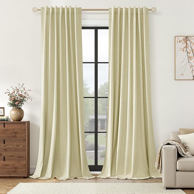 Guken Extra Long 100% Blackout Linen Curtains for Bedroom 108 inches Long, Thermal Insulated Room Darkening Black Out Drapes for Living Room, Back Tab Rod Pocket 2 Panels Set,Cream Yellow,52x108
