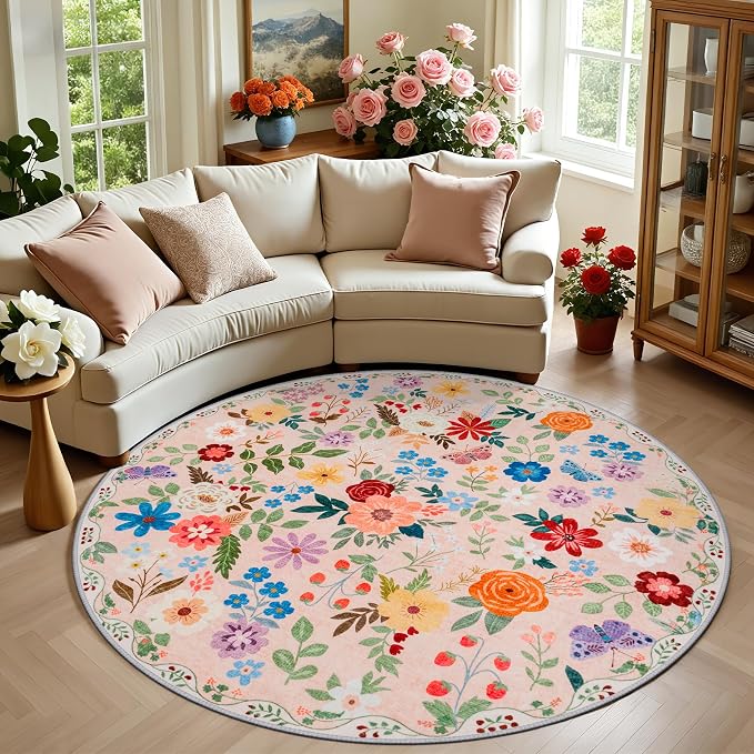 Round Area Rug for Living Room: 6 ft Floral Washable Circle Rug Soft Boho Non-Slip Carpet Indoor Stain Resistant Low Pile Small Circular Rug for Bedroom Entryway Kitchen Nursery Home Office Beige