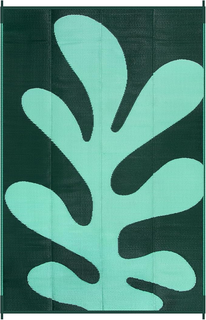 Lahome Coastal Coral 9x12 Outdoor Picnic Pool Rug, Plastic Green Outdoor Rug for Beach Camper, Lightweight Portable Waterproof Outside Camping Carpets for Patio, Green 9'x12'