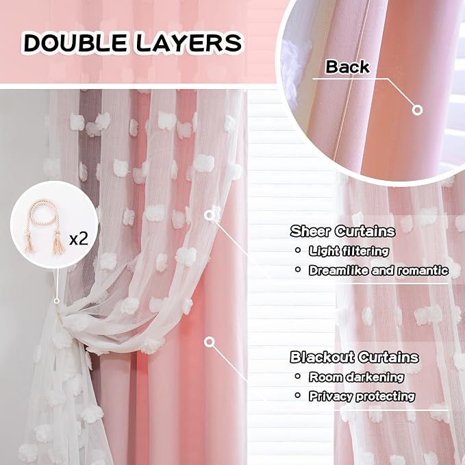 MYSKY HOME Pink Curtains for Girls Bedroom Double Layer White Pom Pom Sheer Window Panels for Kids Room Back Tab Room Darkening Window Drapes 54 Inches Length, W52 X L54, Blush Pink, 2 Pieces