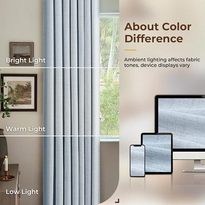 INOVADAY 100% Blackout Curtains for Bedroom, Chambray Blue Black Out Curtains 102 Inch Long, Clip Rings Linen Blackout Drapes, Thermal Insulated Room Darkening for Living Room, 2 Panels - W50xL102