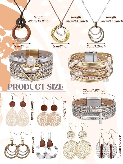 Tondiamo 12Pcs Boho Jewelry Set for Women Bohemian Western Jewelry Set with Long Pendant Necklace Dangle Earrings and Stackable Bangle Bracelets Accessories for Women Friendship Gift