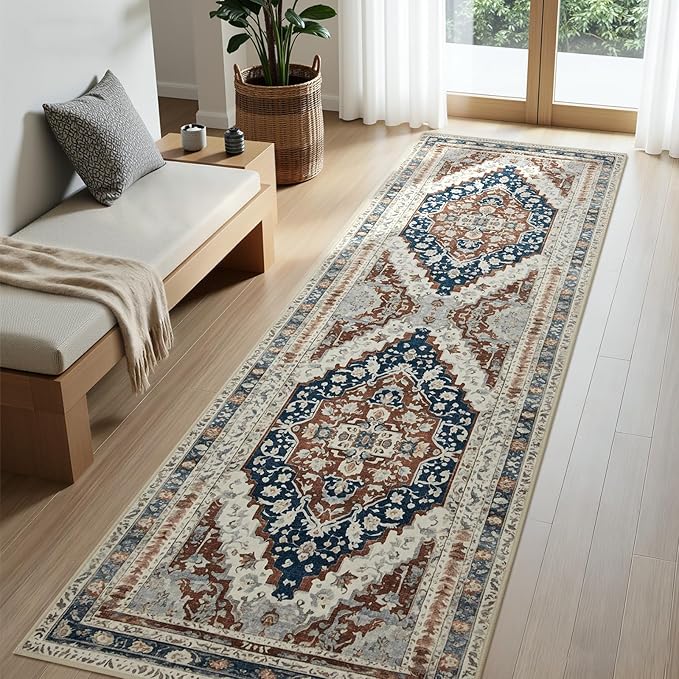 Joydeco Washable 2x6 Hallway Runner Vintage, Beige & Blue & Reddish-Brown | Water Resistant Low Pile Non Slip Backing for Kitchen Entryway Bedroom Bathroom Dining Room