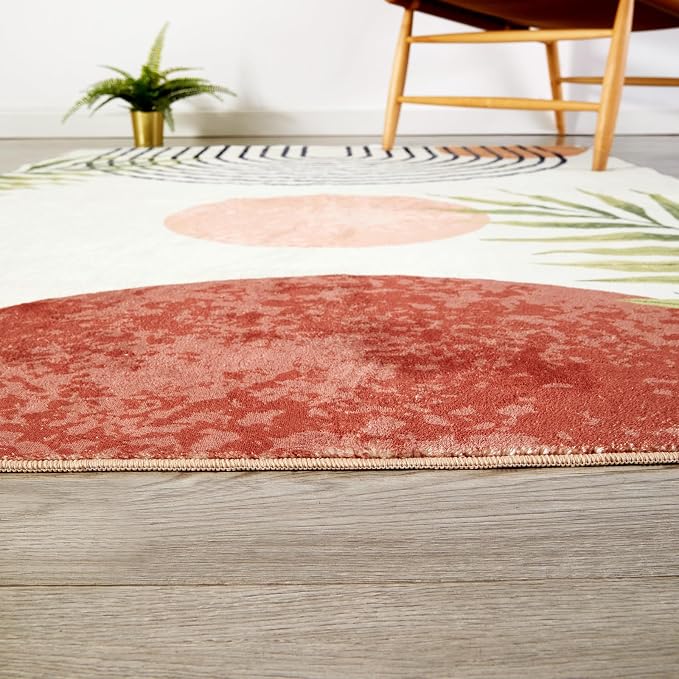 RoomTalks Boho Cute Bathroom Rugs Bath Mat Non Slip Washable, Modern Abstract Geometric Shape with Tropical Leaves 2x3 Small Area Rug for Bedroom Kitchen, Neutral Contemporary Retro Indoor Entry Rug