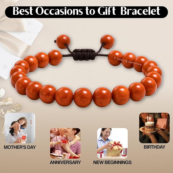 Amazing Gemstone Red Jasper Bracelet, Gifts for Men & Women - Protection Healing Crystal Bracelet - 8mm Gemstone Beaded Adjustable Bracelet, Pulseras para Hombres Mujer Stocking Stuffers