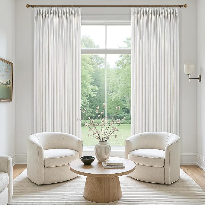 80 Inch Extra Wide Pinch Pleated Linen Curtains 90 Inch Length for Living Room Bedroom Natural Cream Beige Privacy Drapes Light Filtering for Patio Sliding Door 90 Inches Long with Hooks Clips Rings