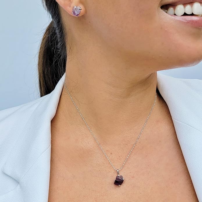 Natural raw gemstone pendant chain necklace with white gold over 925 solid sterling silver, birthstone dainty solitaire gift for her, uniquelan jewelry