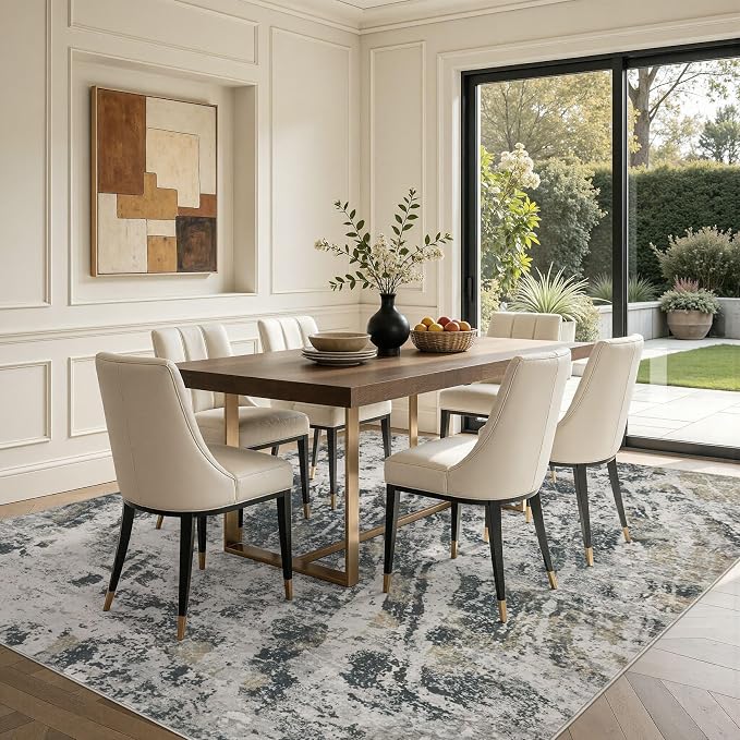DMOYEST Area Rug Living Room Rugs - 8x10 Large Soft Indoor Neutral Modern Abstract Low Pile Washable Rug Carpet for Bedroom Dining Room Farmhouse Home Office-Black Gold/Grey