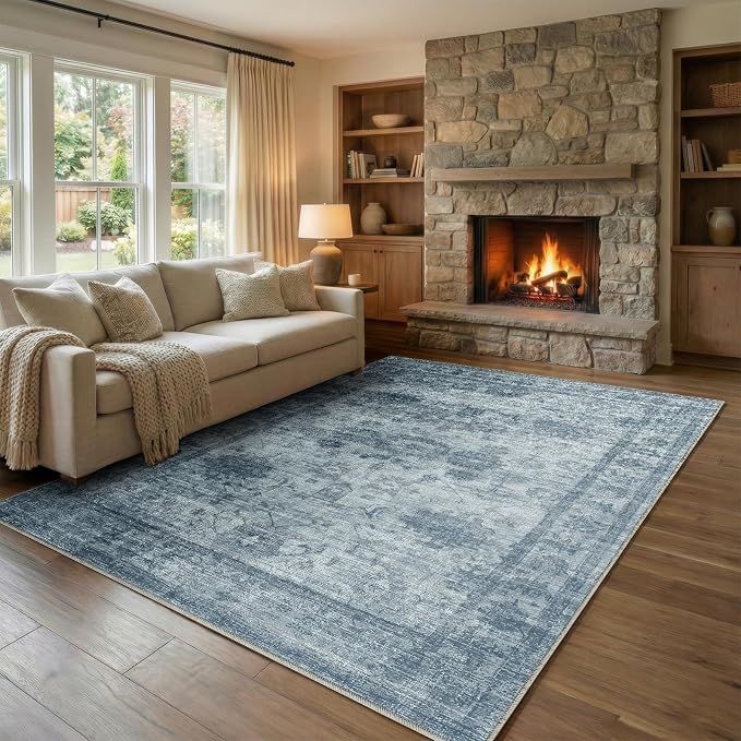 Homemate Washable Rug 6x9 Area Rugs - Vintage Faux Wool Rugs for Living Room Bedroom Dining Room - Non Slip Foldable Carpet Indoor Area Rug for Home Decor（6'x9', Blue