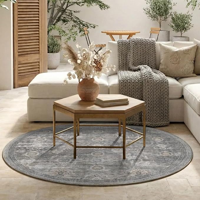Rugxara 4ft Round Rug Washable Circle Area Rug for Living Room, Grey/Taupe | Round Rug for Bedroom Dining Room Entryway, Stain Resistant, Soft, Low Pile, Vintage Boho Carpet, Washable, Non Slip