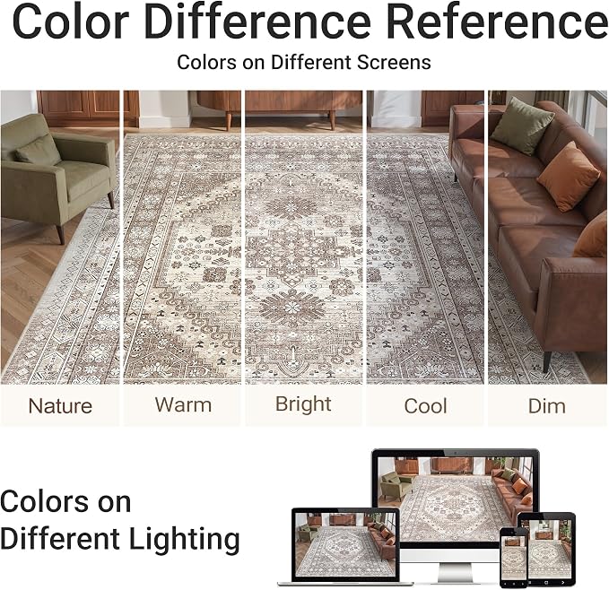 befbee 5x7 Area Rugs for Living Room,Stain Resistant Washable Rug,Non-Slip Backing Rugs for Bedroom,Kitchen,Printed Vintage Home Decor Rug (Brown/Beige, 5'x7')