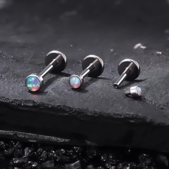 Ruifan Titanium Flat Back Lip Rings Externally Threaded Earrings Studs Nose Rings 20G 18G 16G Jeweled Round Opal Tragus Cartilage Lobe Rook Helix Conch Labret Medusa Piercing Jewelry for Women Men