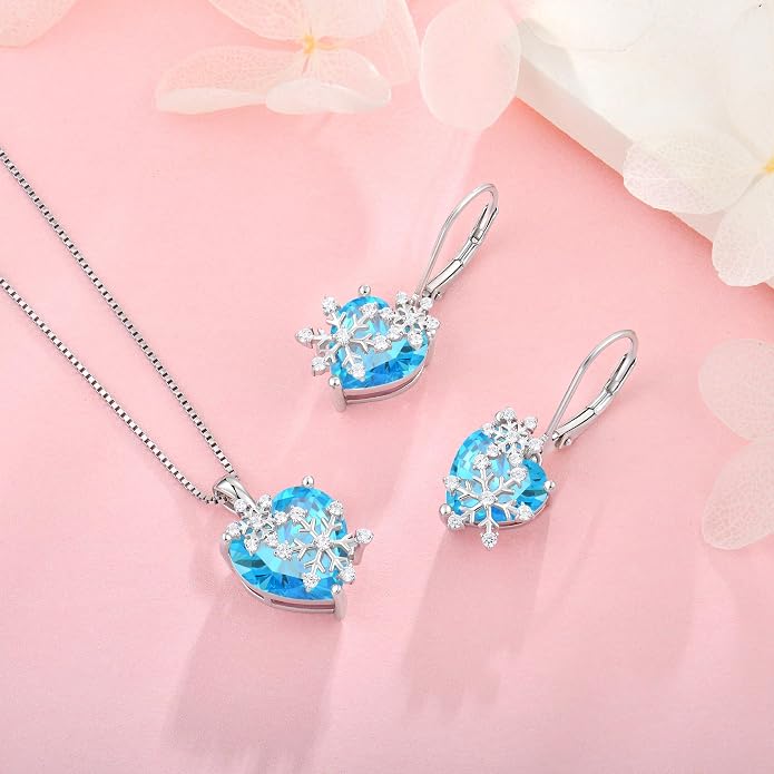 Snowflake Necklace for Women 925 Sterling Silver Heart Birthstone(White/Aquamarine/Sapphire/Pink) Pendant Necklaces Cubic Zirconia Winter Christmas Jewelry