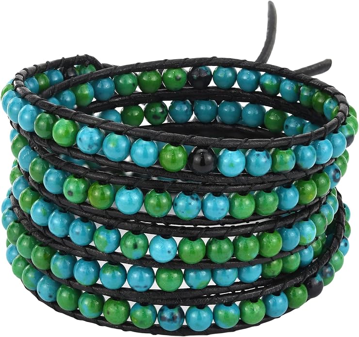 AeraVida Malachite Leather Wrap Bracelet Genuine Brown Leather Green Stone Beaded Multi Wrap Bracelet Handmade Boho Artisan Jewelry 34 Inch