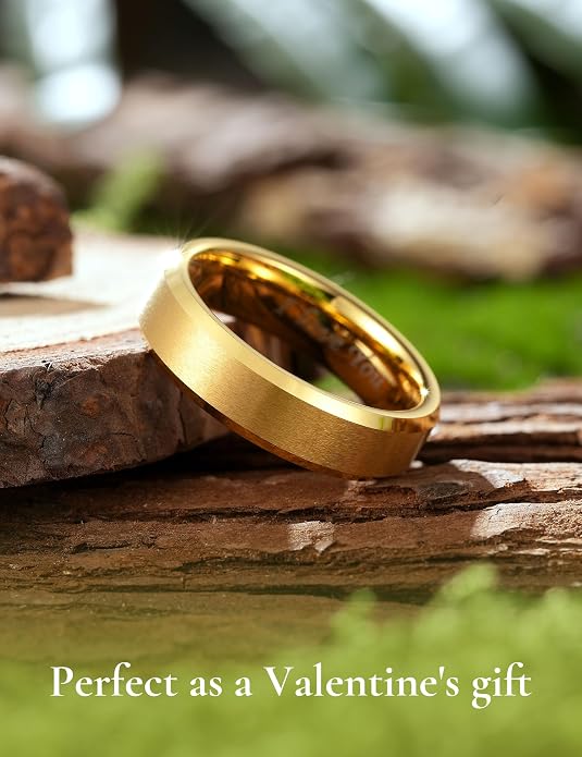 King Will Tungsten Carbide Wedding Band for Men Women-4/6/8mm Width 14K Gold Plated Tungsten Wedding Ring Matte Brushed & High Polished Style Comfort Fit Wedding Band Size 6-14