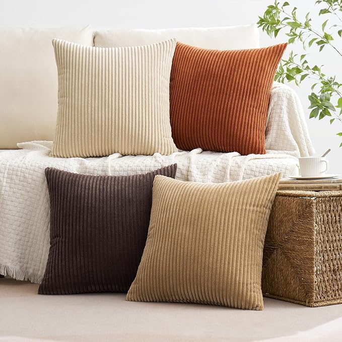 MIULEE Boho Farmhouse Throw Pillow Covers 18x18 Inch Set of 4 Rustic Mordern Neutral Cushion Covers Soft Corduroy Nordic Fall Home Decor for Couch Bed Sofa Living Room Chocolate Brown/Rust
