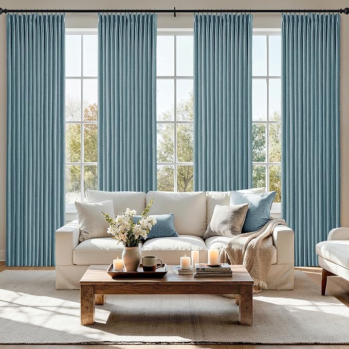 MIULEE Pinch Pleated Thick Linen Curtains 96 Inch 4 Panels Set Back Tab Memory Trained Pinch Pleat Semi Sheer Light Filtering Privacy Let Light in Window Drapes for Living Room Bedroom Dusty Blue
