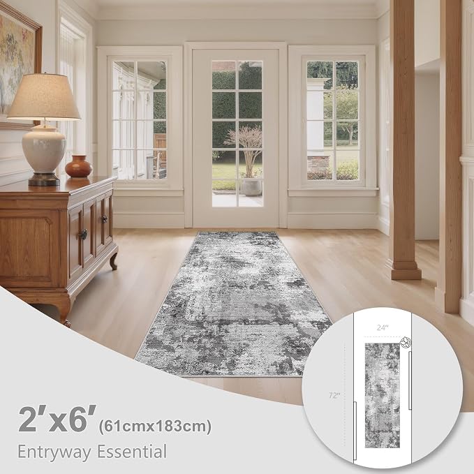 Abstract 2x6 Runner Rug: Machine Washable Non Slip Ultra Thin Low-Pile Carpet, Soft Stain Resistant for Hallway Kitchen Bathroom, Kid Pet Friendly, Robot Vacuum Compatible - Grey