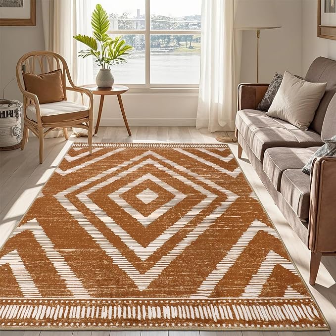 Moroccan Washable Area Rugs 3x5ft Non Slip, Low Pile Entryway Rug, Brown Boho Bedroom Carpets, Non Shedding Soft Floor Carpet for Dining Room Bathroom Kitchen Study Office