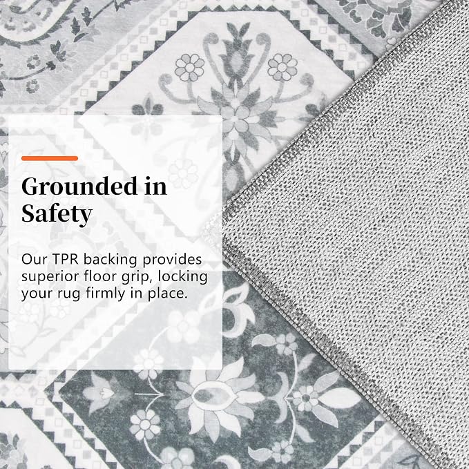 3x5 Washable Rug, Soft Non-Slip Boho Moroccan Rug, Low-Pile Printed Indoor Throw Rugs for Entryway, Kitchen, Bedroom Bedside, Entrance- Gray/White