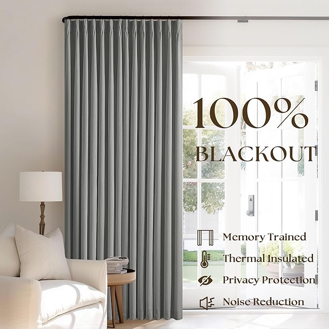 Grey Pinch Pleated Black Out Linen 45 Inch Curtains with Liner 2 Panels | Memory Trained, Thermal Insulated, UV Blocking, Noise Reducing, Room Darkening, 100% Blackout Short Curtains for Cafe Kitchen