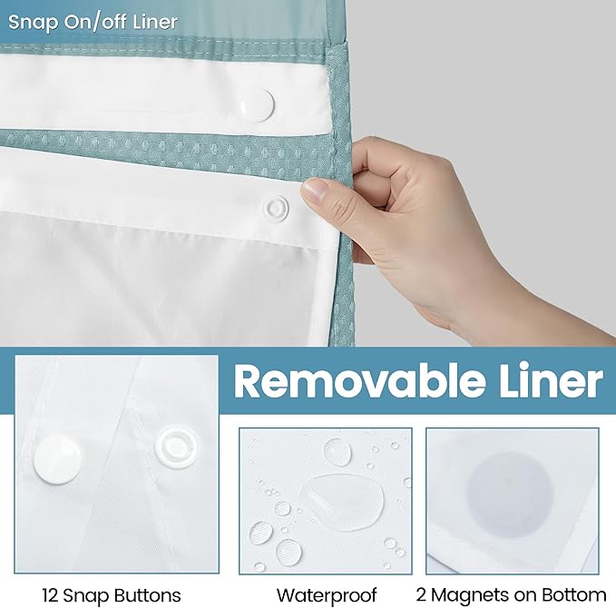 EUTXL Heavyweight Fog Blue No Hook Shower Curtain with Snap in Liner,256GSM Waffle Weave Shower Curtains for Bathroom,71W x 74H