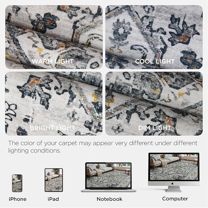 Joydeco 8x10 Area Rugs for Living Room, Non Slip Machine Washable Vintage Rug, Low Pile Thin Chenille Print Rugs for Bedroom, Dining Room, Pet & Child Friendly, Home Office, White&Light Gray&Dark Gray