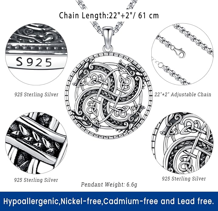 Eusense Viking Necklace for Men Women 925 Sterling Silver Pendant Thors Hammer/Norse Runes/Odin's Ravens/Wolf/Dragon/Snake/Yggdrasil/Freya/Helm of Awe/Valknut/Triskelion/Axe/Shield Viking Jewelry