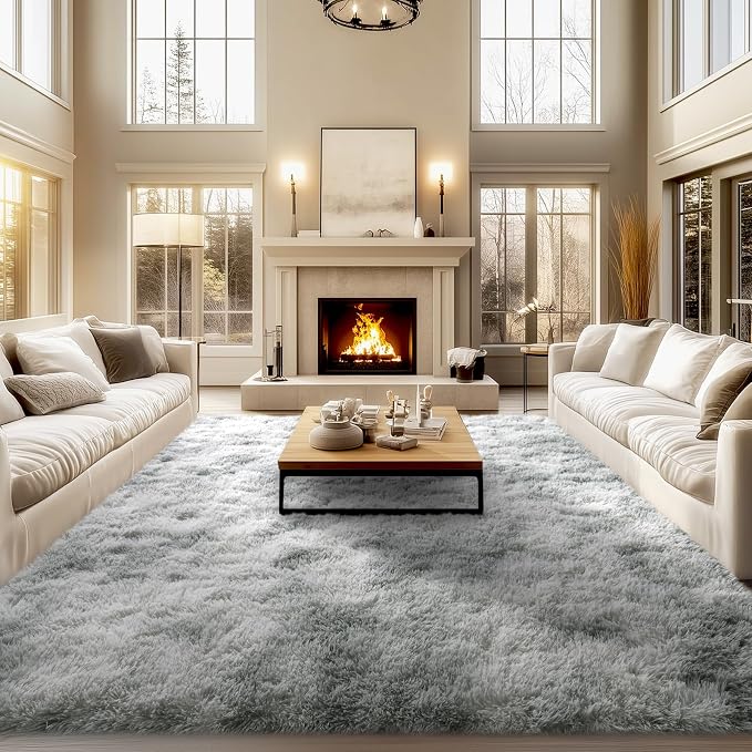qulint 9x12 Rug for Living Room, Shag Large Rug for Bedroom, Tie-Dyed Grey | Fluffy Shaggy Carpet for Boys Room, Plush Fuzzy Alfombras Para Salas Modernas for Kid Room Dorm Classroom Home Decor