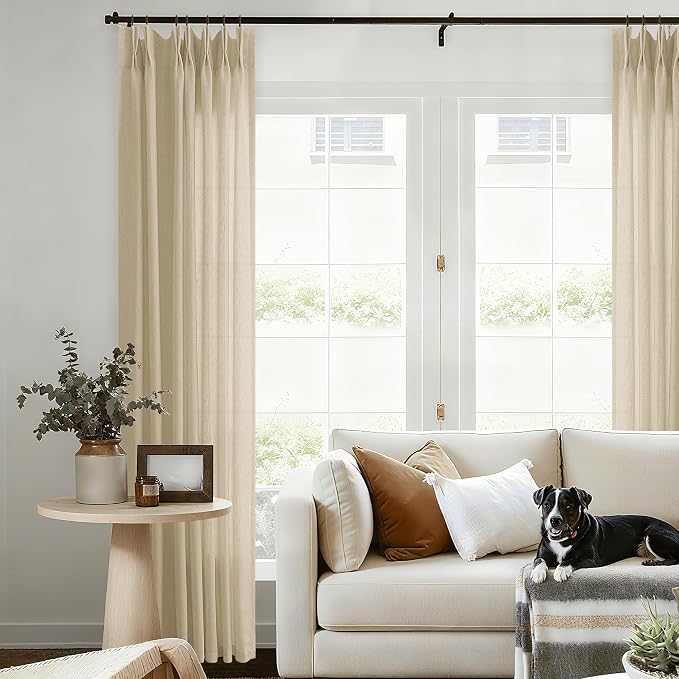 105 Inch Linen Pinch Pleated Curtains Light Filtering Semi Sheer | Custom, Memory Shape, Pinch Pleat Drapes, Hooks Rings, Back Tab, for Living Dining Room Sliding Glass Doors, Beige Tan