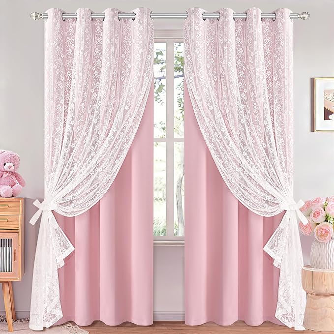 ASPMIZ Pink Blackout Curtains for Bedroom 84 inch Long, Double Layer Pink Curtains for Girls Room Light Blocking Grommet Drapes with Lace Overlay, Thermal Insulated Window Curtain Set of 2, 52x84