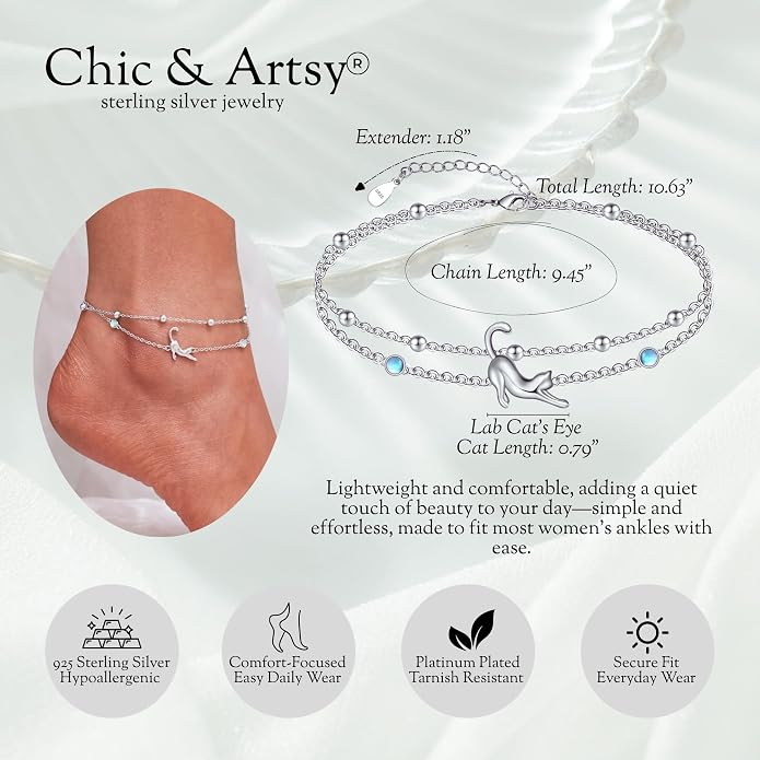 CHIC & ARTSY 925 Sterling Silver Ankle Bracelets for Women, Adjustable Layered Foot Chains with Nature & Symbol Charms, Lightweight Comfort Fit Boho Beach Everyday Jewelry