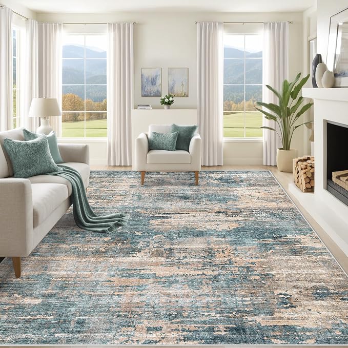 XLUEZ 10x14 Area Rugs for Living Room, Washable Modern Abstract Large Area Rug Neutral Soft Non Slip Kids Rug Stain Resistant Indoor Carpet for Bedroom Dining Room Playroom Office(GreenBrown, 10'x14')