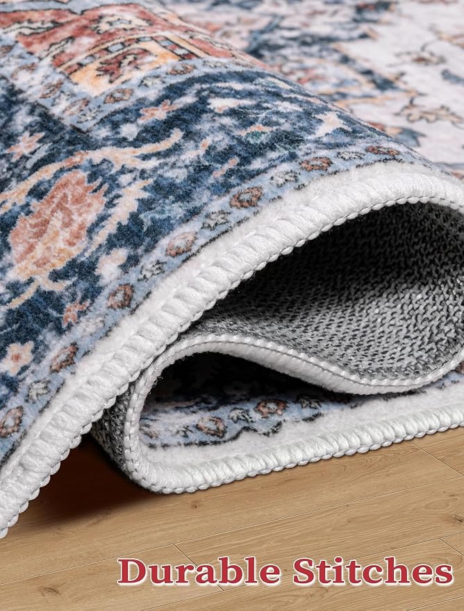 SERISSA Runner Rug for Hallways, 2'6"x18' Washable Non Slip Kitchen Runner Rug, Extra Long Boho Rug Ultra Soft Vintage Blue Orange Print Floor Carpet for Hallway Living Room Dining Room Bedroom