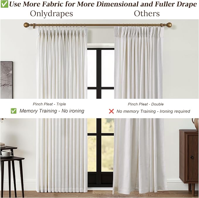 70 Inch Extra Wide Pinch Pleated Linen Curtains 120 Inch Length for Living Room Bedroom Natural Cream Beige Privacy Drapes Light Filtering for Patio Sliding Door 120 Inches Long with Hooks Clips Rings