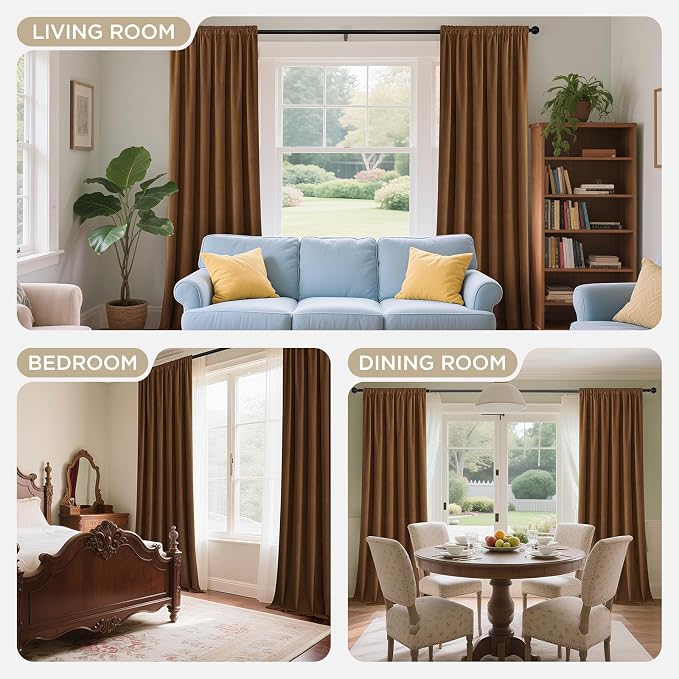 Joydeco 100% Blackout Velvet Curtains Golden Brown 72 Inch Back Tab | Luxury Thermal Insulated Velvet Curtains for Bedroom Living Room, Soundproof Blackout Window Drapes