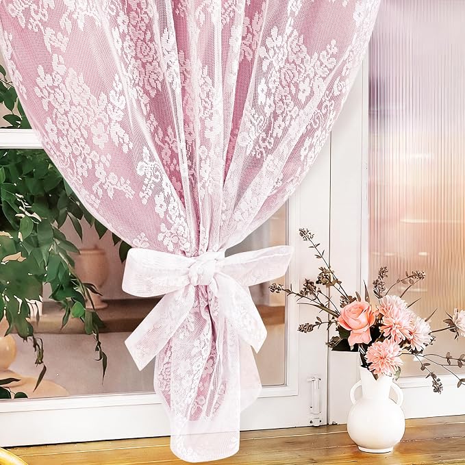 Yinhua Pink Kitchen Curtains 36 Inch Length Double Layer Blackout Cafe Curtains with Floral Sheer Overlay Rod Pocket Short Curtain for Windows, Small Window Curtain for Bathroom, Living Room, 2 Panels