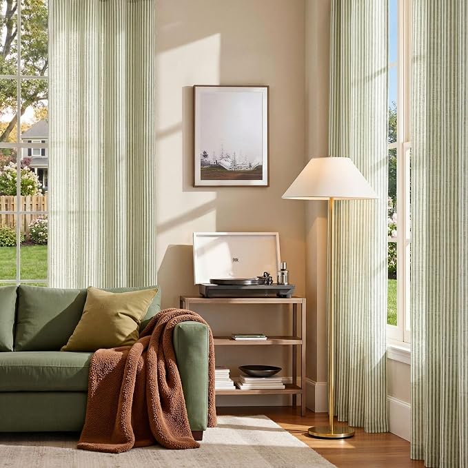jinchan Linen Curtains 90 inch Sage Green Stripe on Beige Grommet 2 Panels | Curtains for Living Room Bedroom,Ticking Stripe Pattern,Pinstripe Farmhouse Rustic,Window Treatment,Light Filtering