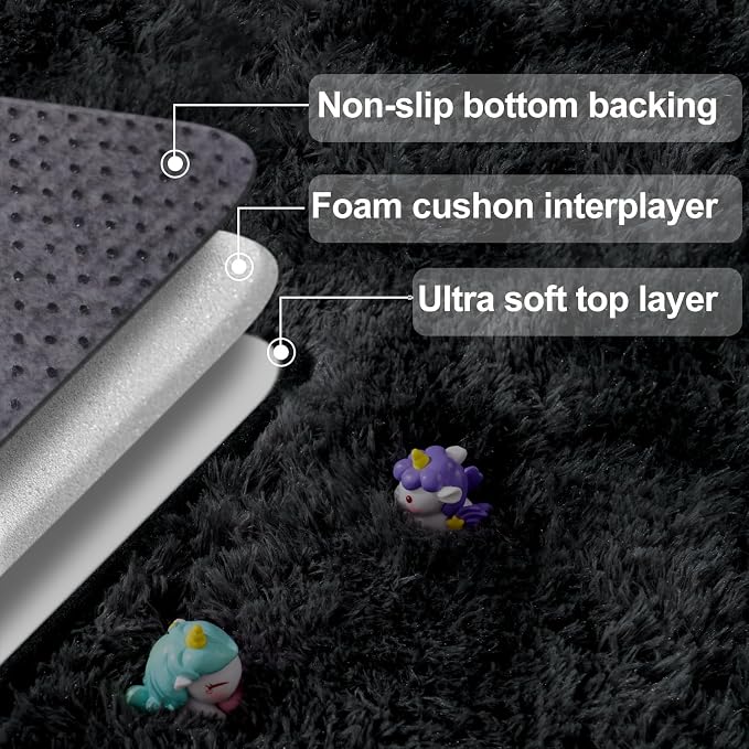 qulint 5x7 Rug for Living Room, Shag Fluffy Rug for Bedroom, Black/Grey | Plush Tie-dyed Black Gray Rug for Boy Room, Shaggy Fuzzy Modern Carpet for Dorm Classroom Nursery Home Decor