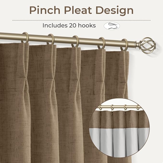 CAPALOCA Cocoa Brown Linen Pinch Pleated Curtains Blackout, 100% Black Out Curtains 84 inch Long for Bedroom, Blackout Thermal Insulated Pinch Pleated Drapes for Living Room, 40" W x 84" L, 2 Panels